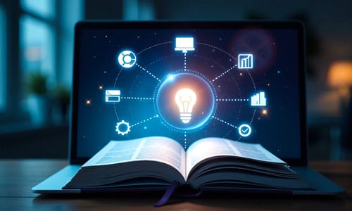 community-waermewende-tutorial Laptop mit einem aufgeschlagenen Buch auf der Tastatur und einer Grafik auf dem Bildschirm mit Wissens-Icons