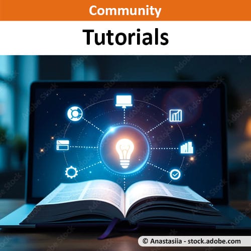 community-waermewende-tutorials Laptop mit einem aufgeschlagenen Buch auf der Tastatur und einer Grafik auf dem Bildschirm mit Wissens-Icons